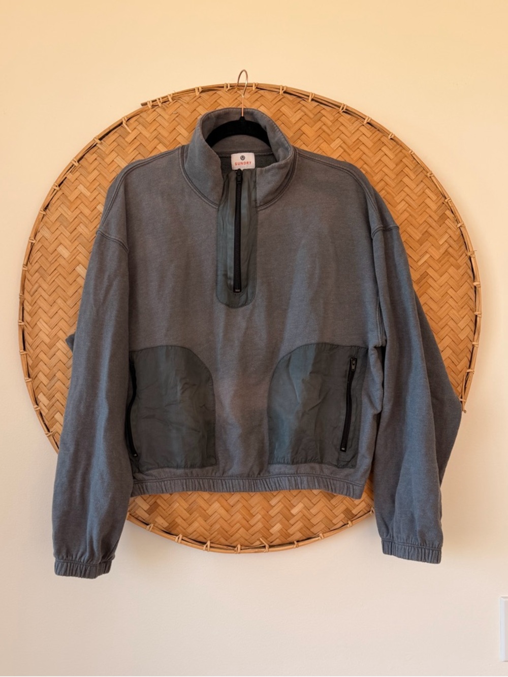 WOMEN'S SUNDRY MIXED MEDIA HALF ZIP POPOVER GREY SWEATSHIRT GORP-CORE PREPPY - Picture 5 of 12
